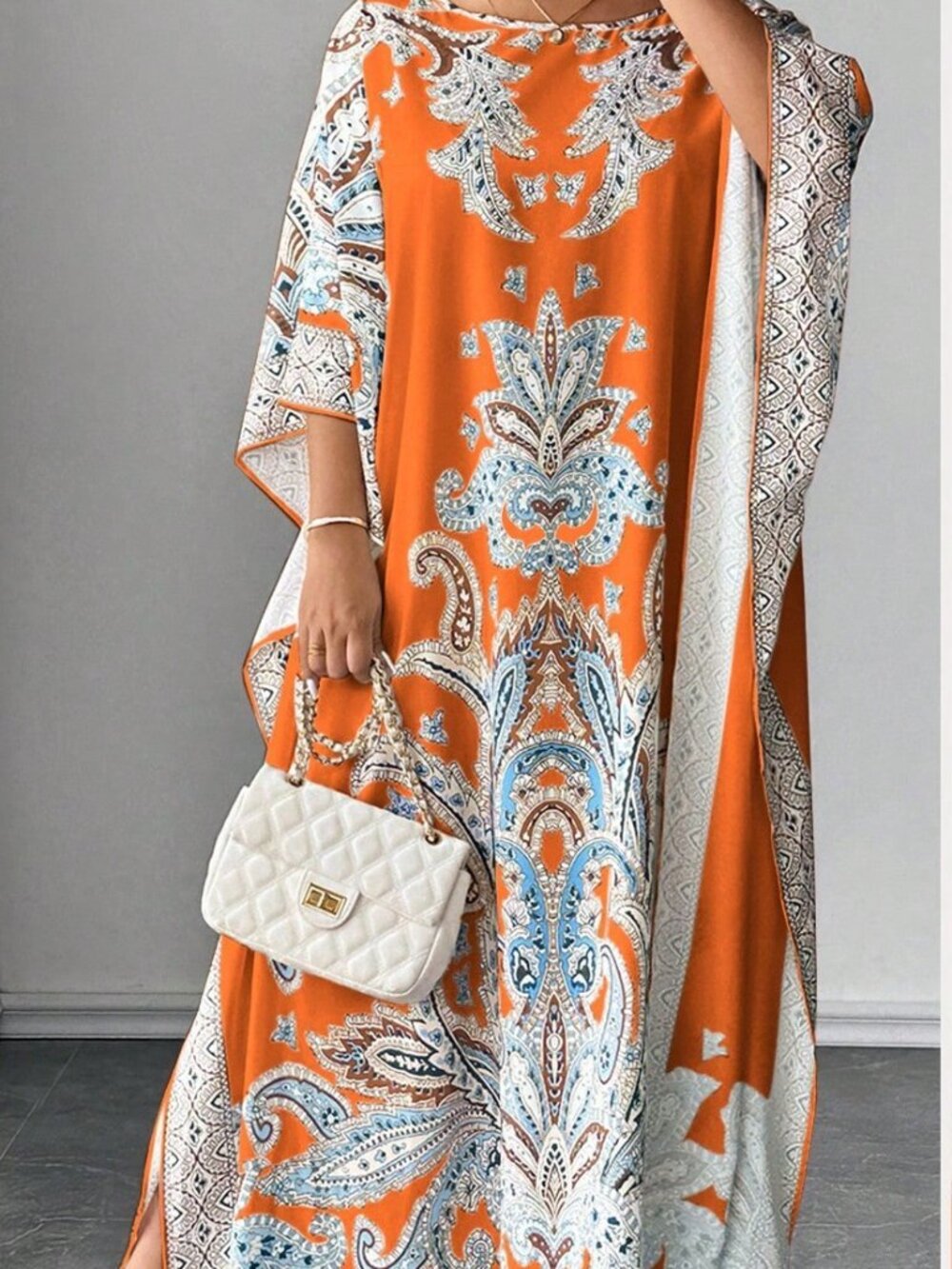 Orange Modest Women's Oversized Batwing Sleeve Round Neck Printed Long Dress